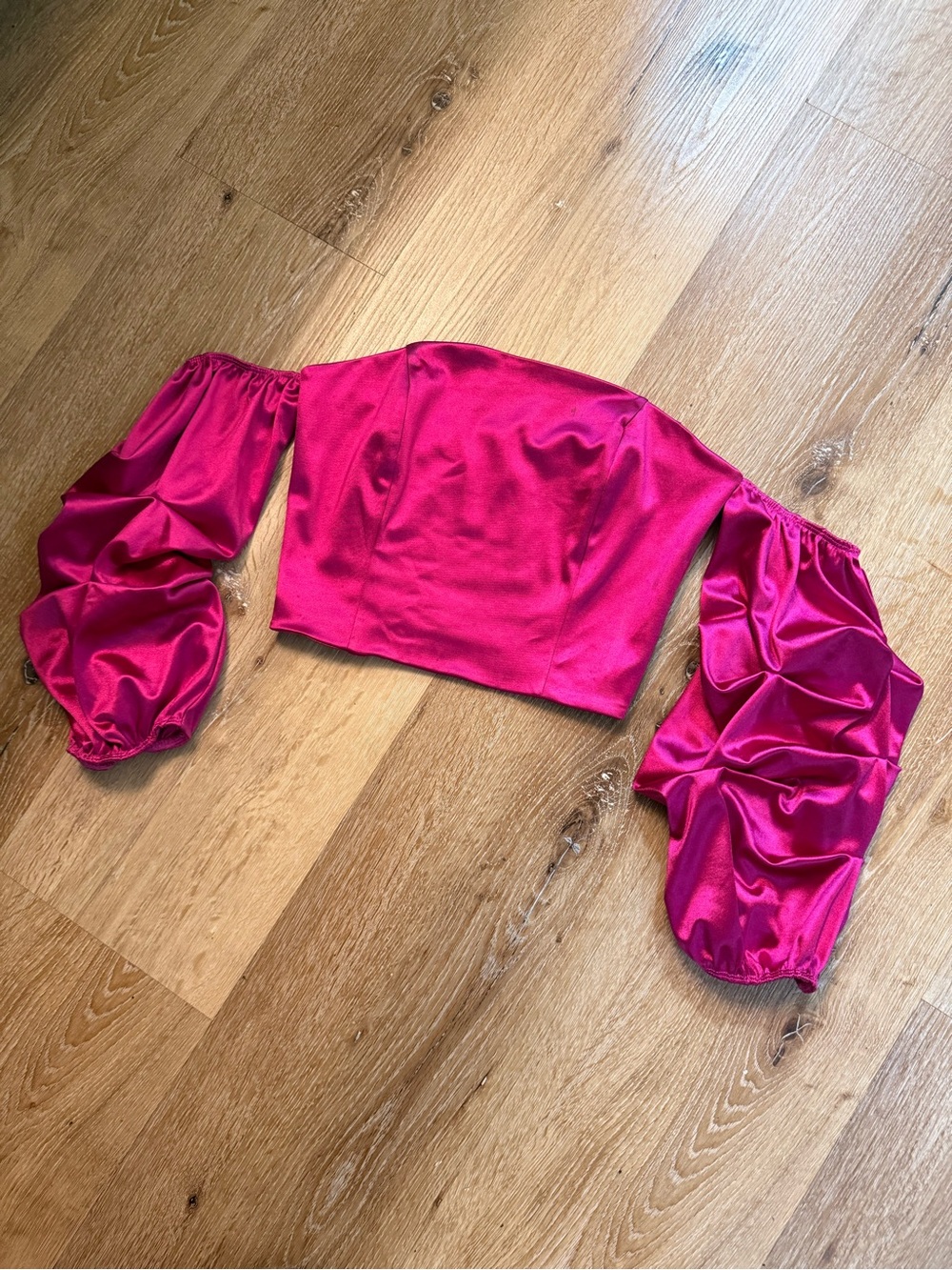 Off-Shoulder Crop Top with Puff Sleeves - Hot Pink Size Medium